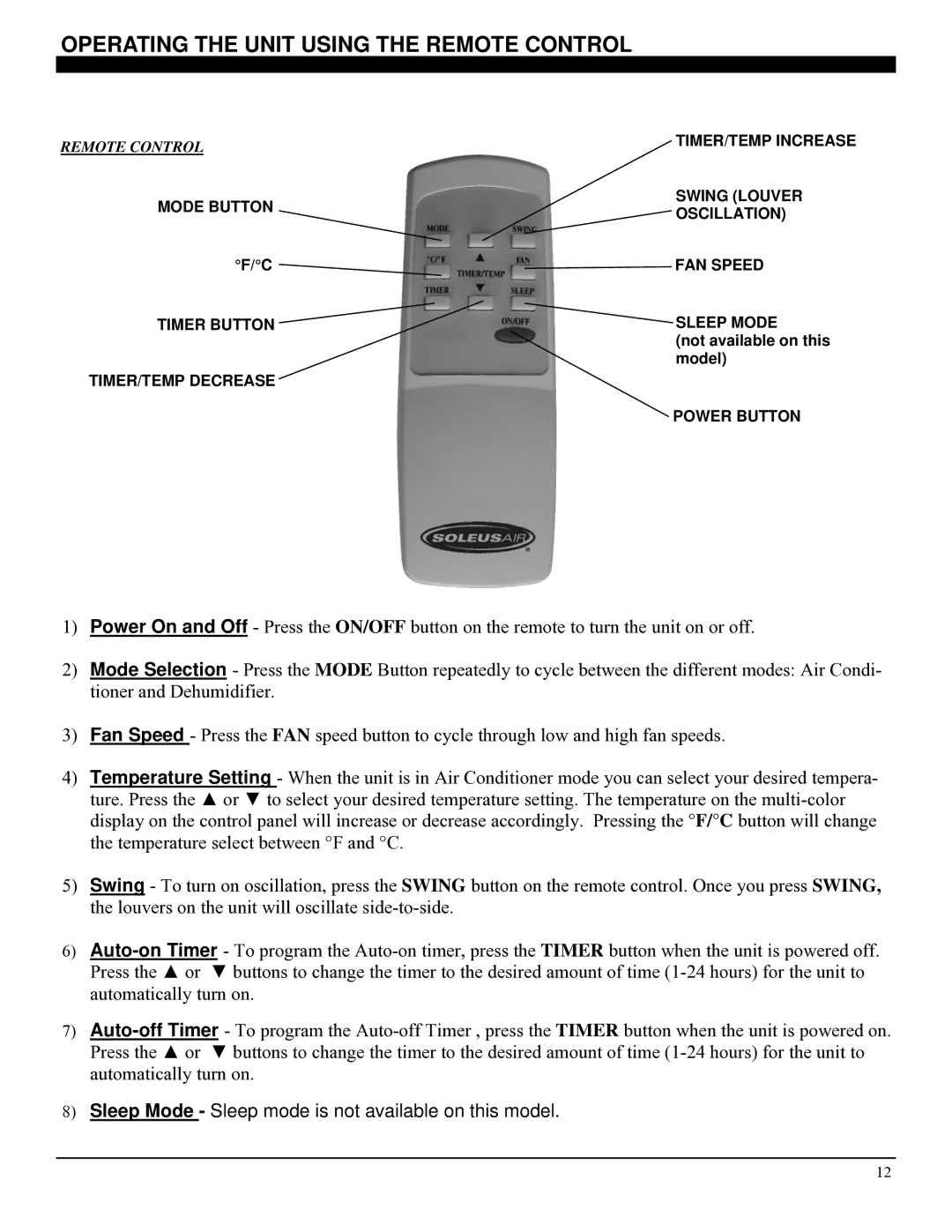 Soleus Air PE6-10R-03 Operating the Unit Using the Remote Control, TIMER/TEMP Increase, TIMER/TEMP Decrease Power Button 