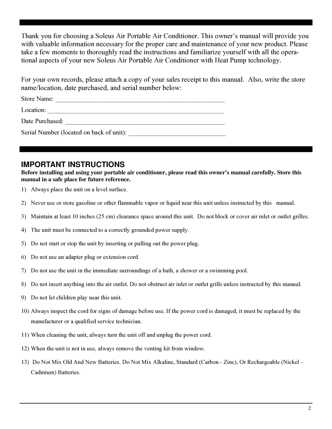 Soleus Air PE6-10R-03 manual Important Instructions 