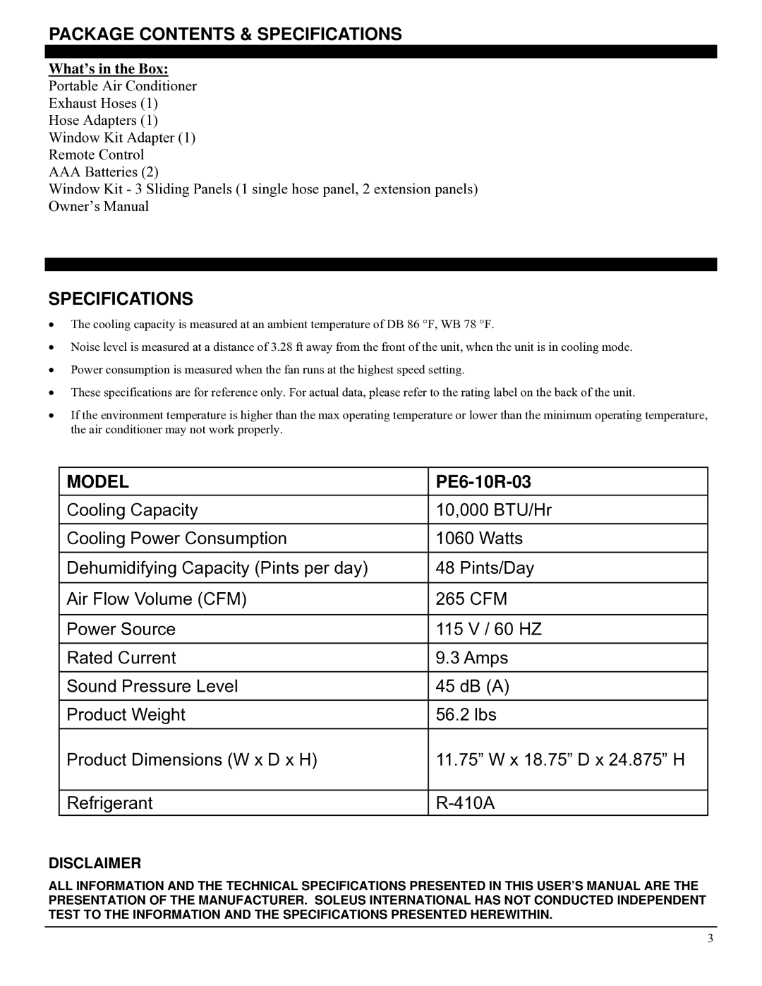 Soleus Air PE6-10R-03 manual Package Contents & Specifications, Model 