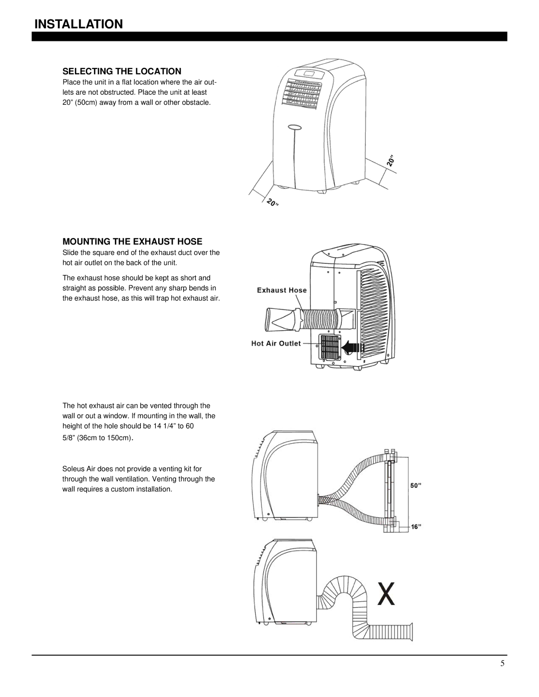 Soleus Air PE6-10R-03 manual Installation, Selecting the Location, Mounting the Exhaust Hose 