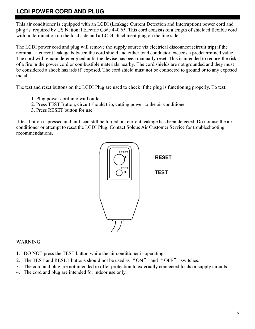 Soleus Air PE6-10R-03 manual Lcdi Power Cord and Plug, Reset Test 