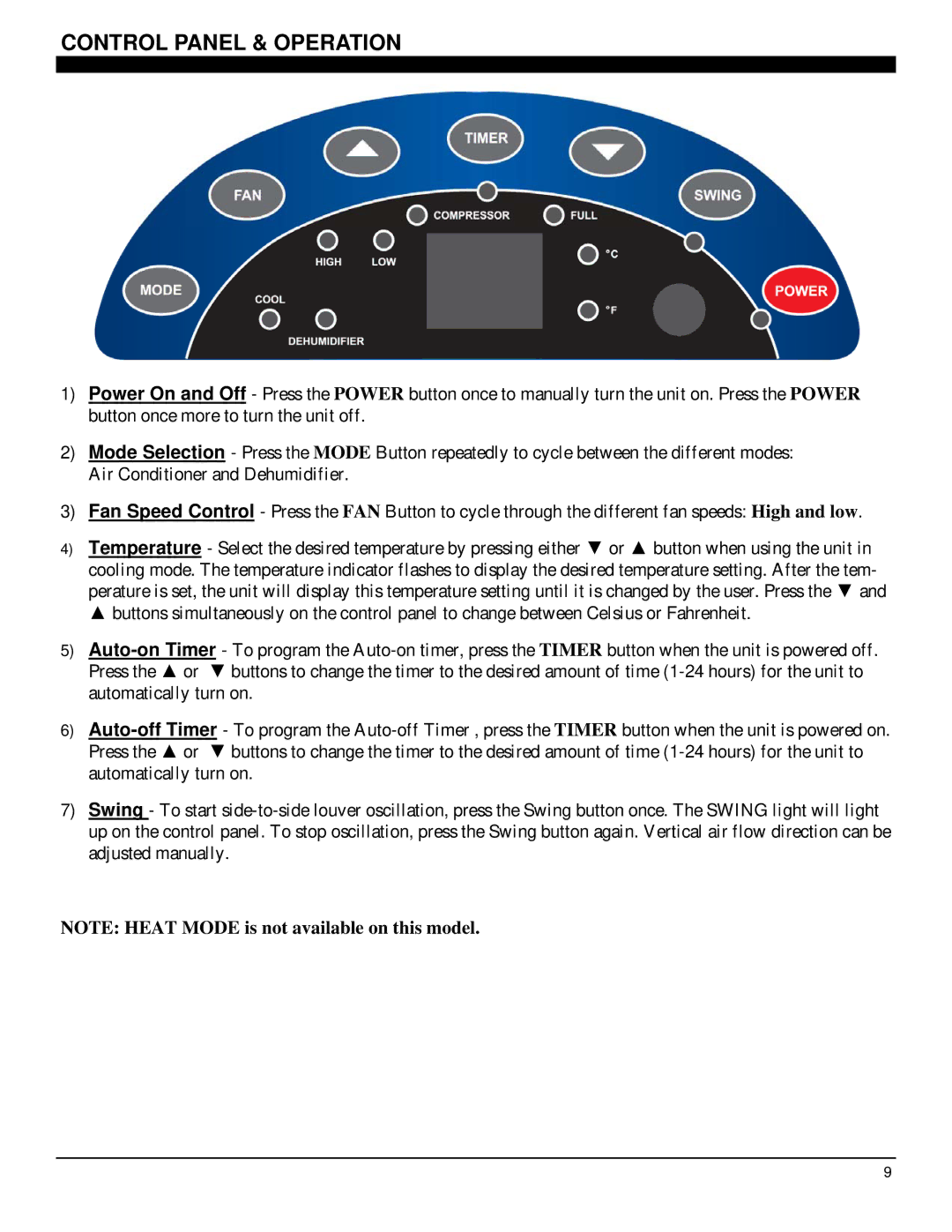 Soleus Air PE6-10R-03 manual Control Panel & Operation 