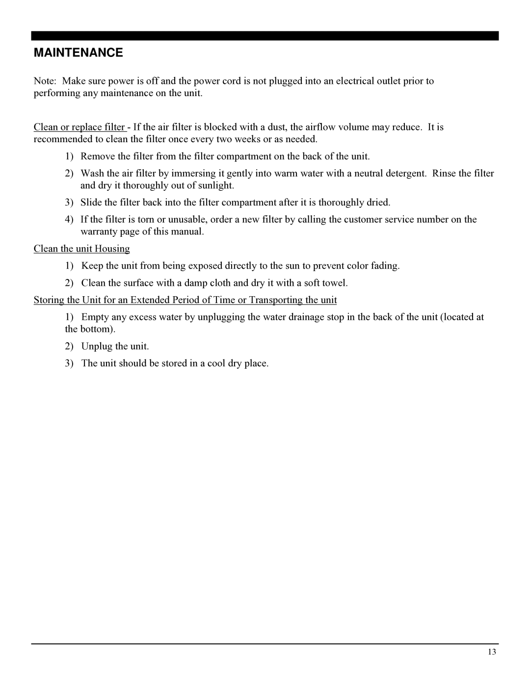 Soleus Air PE7-10R-03 operating instructions Maintenance 