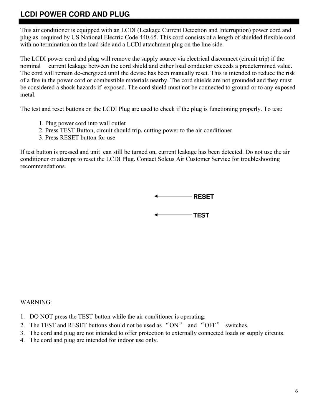 Soleus Air PE7-10R-03 operating instructions Lcdi Power Cord and Plug, Reset Test 