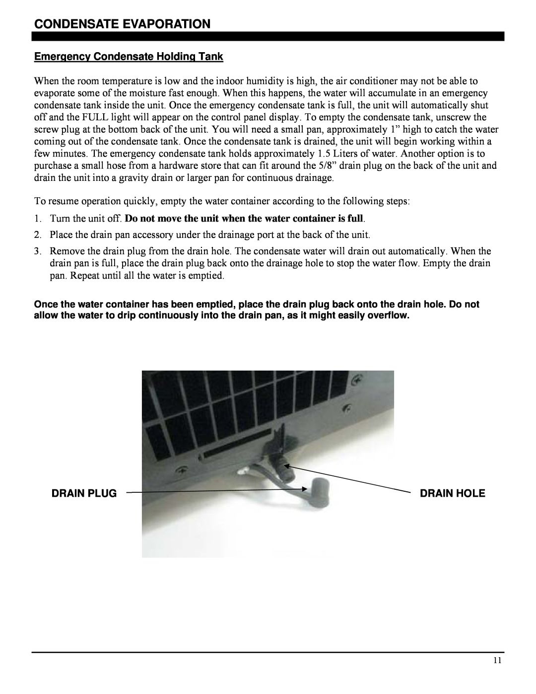 Soleus Air PE7-10R-03 Condensate Evaporation, Emergency Condensate Holding Tank, Drain Plug Drain Hole 
