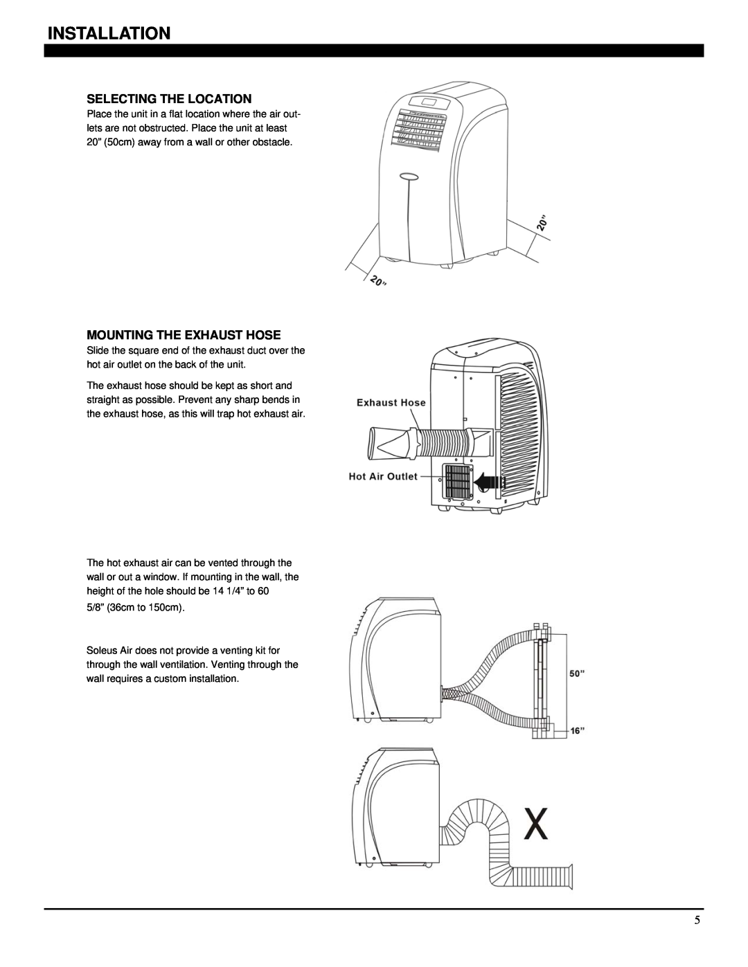 Soleus Air PE7-10R-03 operating instructions Installation, Selecting The Location, Mounting The Exhaust Hose 