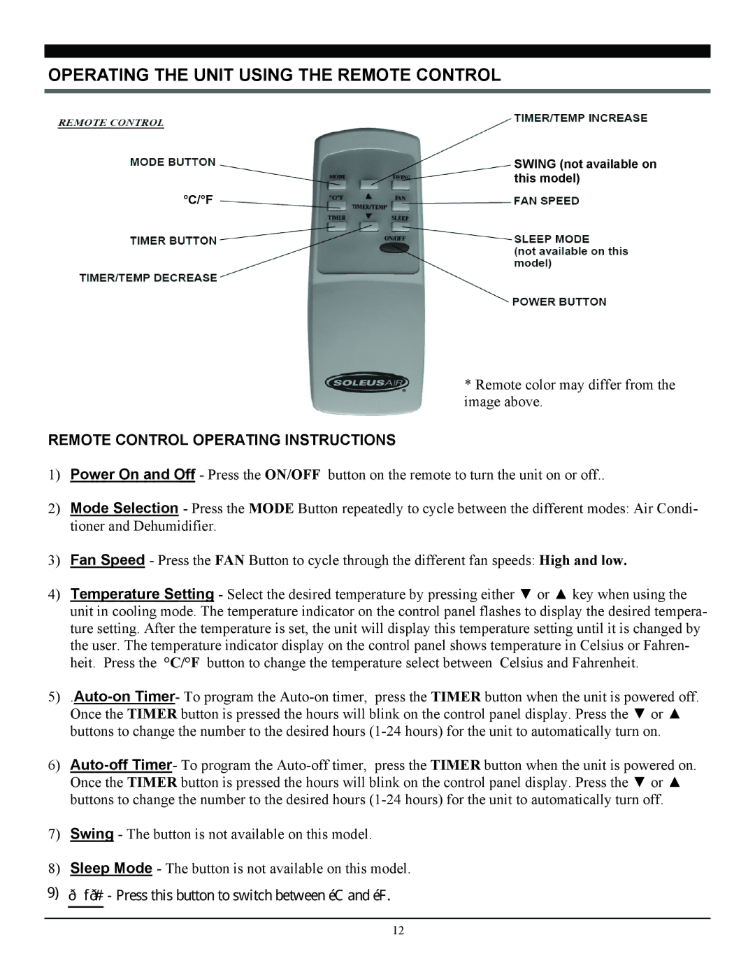 Soleus Air PE8-12R-32 manual Operating the Unit Using the Remote Control, Remote Control Operating Instructions 