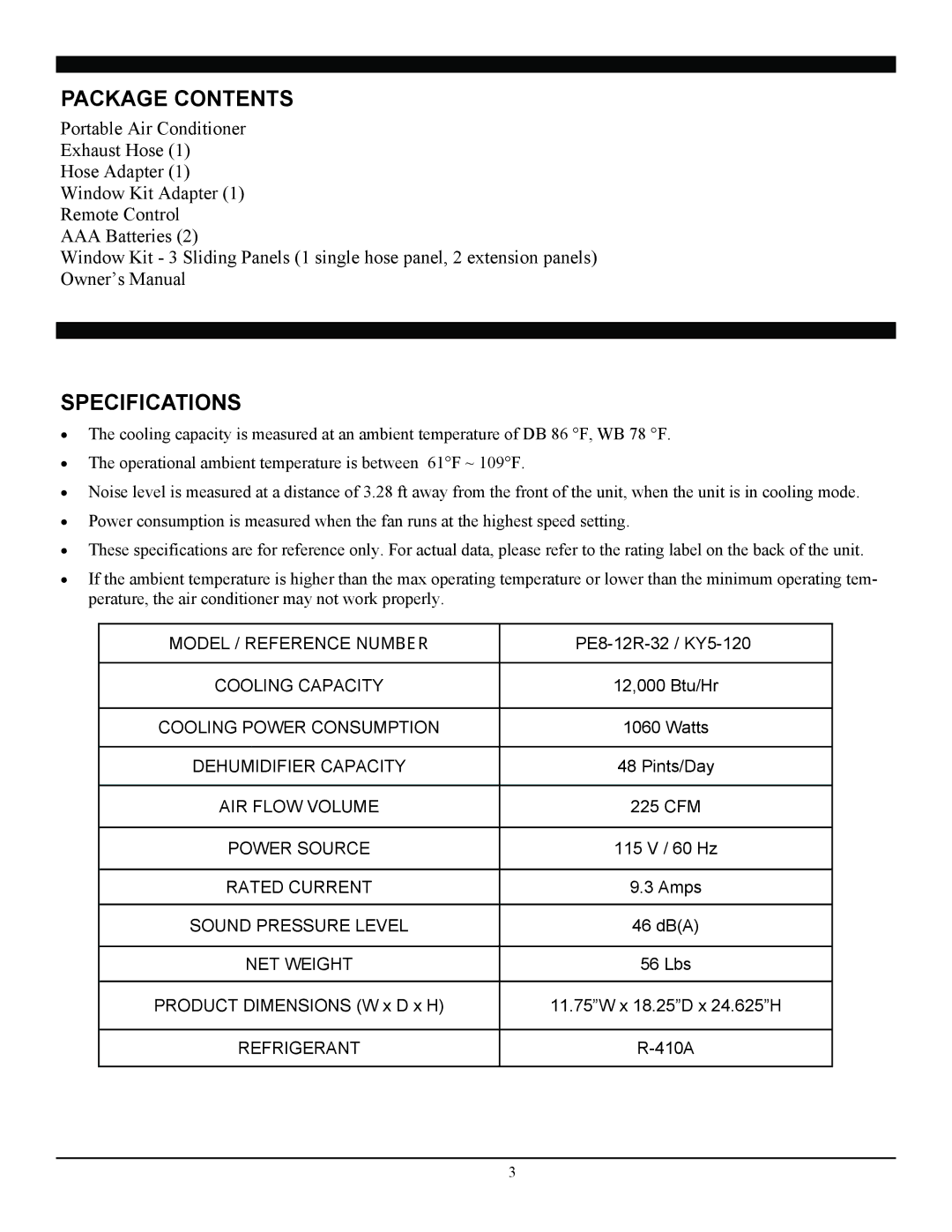 Soleus Air PE8-12R-32 manual Package Contents, Specifications 