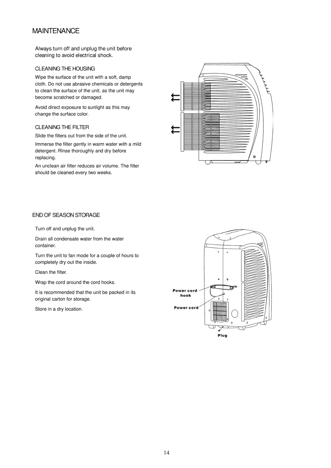 Soleus Air PH1-14R-03, PH1-10R-03, PH1-12R-03 Maintenance, END of Season Storage, Cleaning the Housing, Cleaning the Filter 