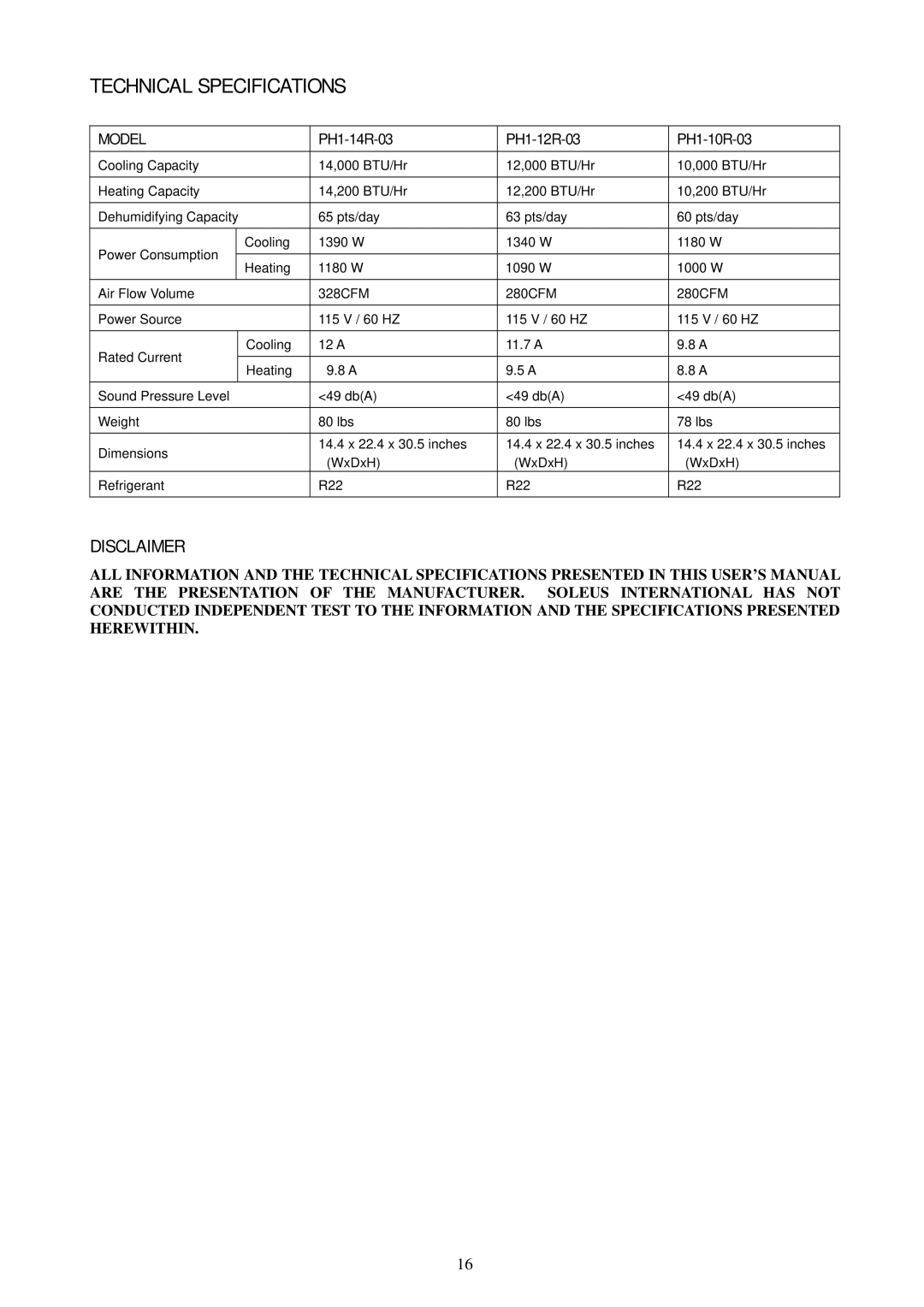 Soleus Air PH1-12R-03, PH1-10R-03, PH1-14R-03 owner manual Technical Specifications, Model 