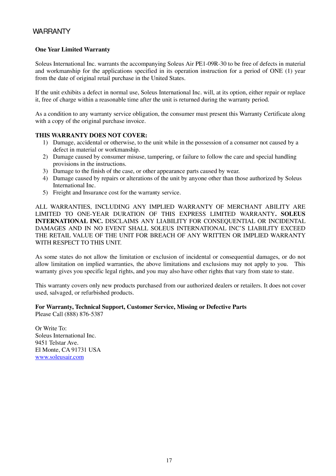 Soleus Air PH1-14R-03, PH1-10R-03, PH1-12R-03 owner manual One Year Limited Warranty 