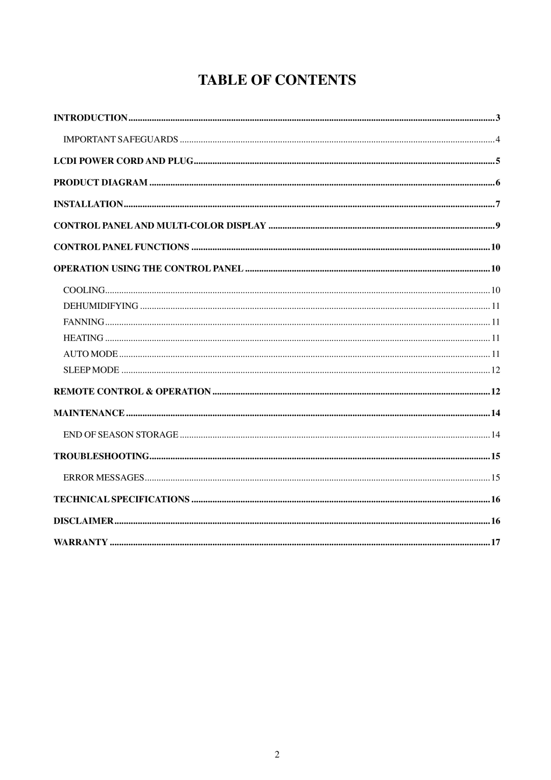 Soleus Air PH1-14R-03, PH1-10R-03, PH1-12R-03 owner manual Table of Contents 