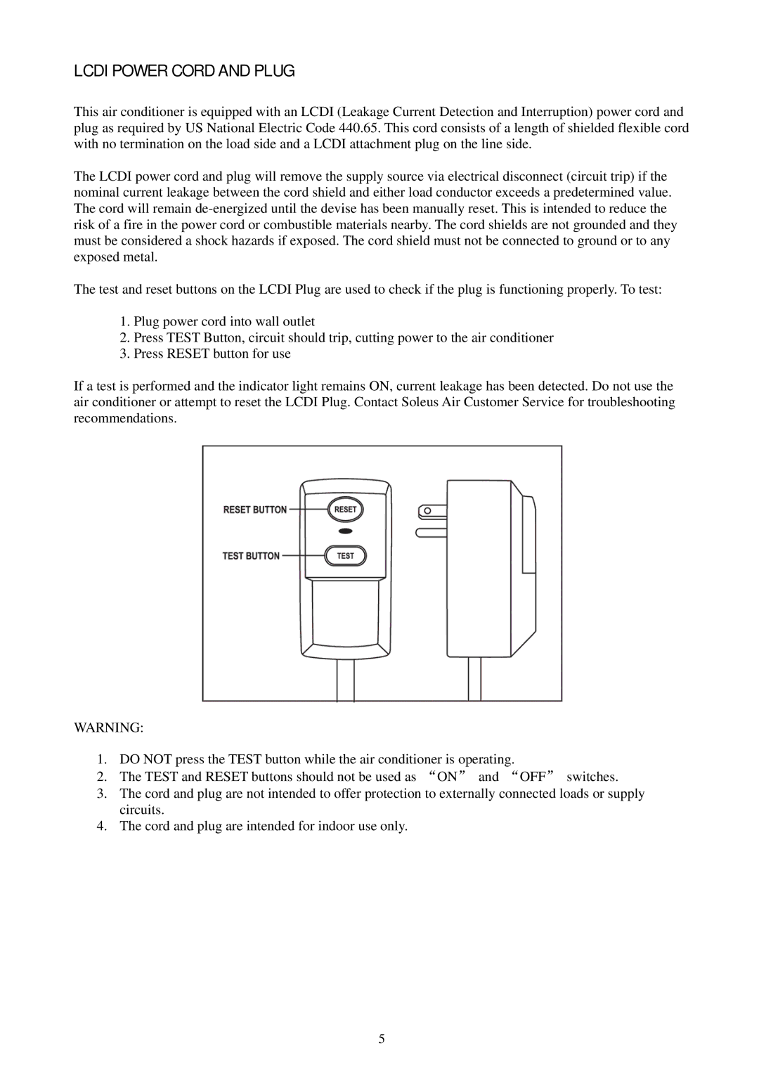 Soleus Air PH1-14R-03, PH1-10R-03, PH1-12R-03 owner manual Lcdi Power Cord and Plug 