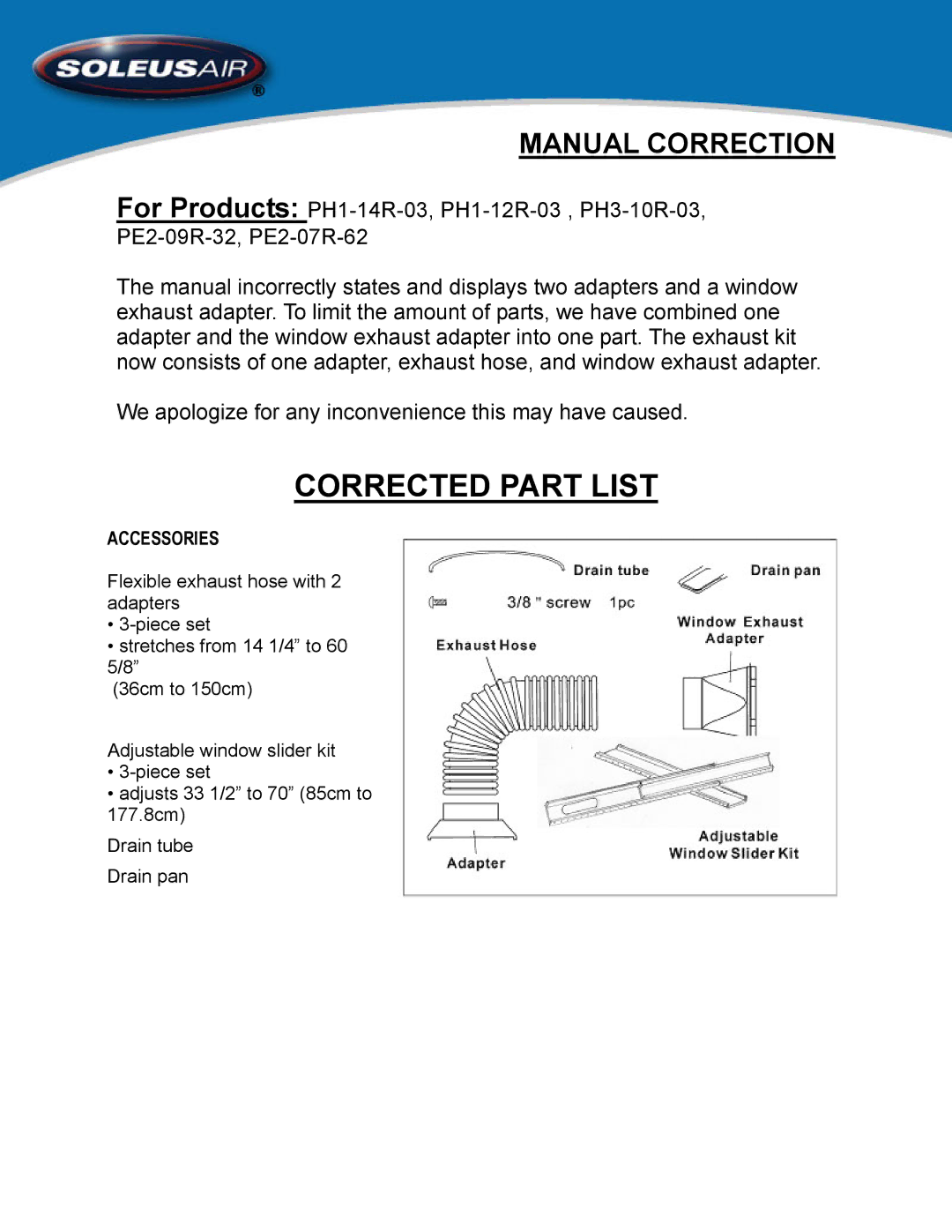 Soleus Air PH1-12R-03, PH3-10R-03, PH1-14R-03, PE2-07R-62 manual Corrected Part List, Manual Correction, Accessories 