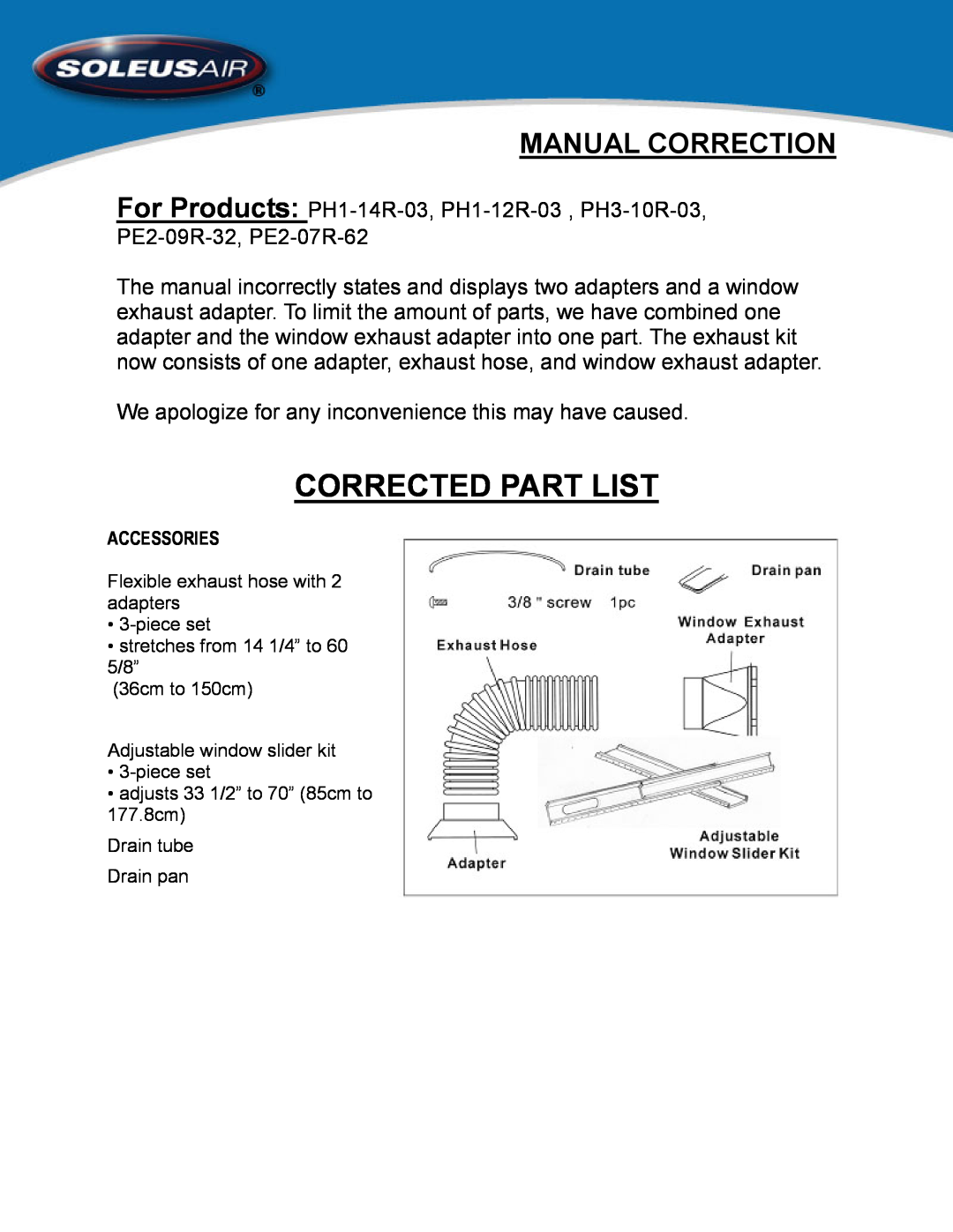 Soleus Air PH1-12R-03, PH3-10R-03, PH1-14R-03, PE2-07R-62, PE2-09R-32 manual Corrected Part List, Manual Correction 