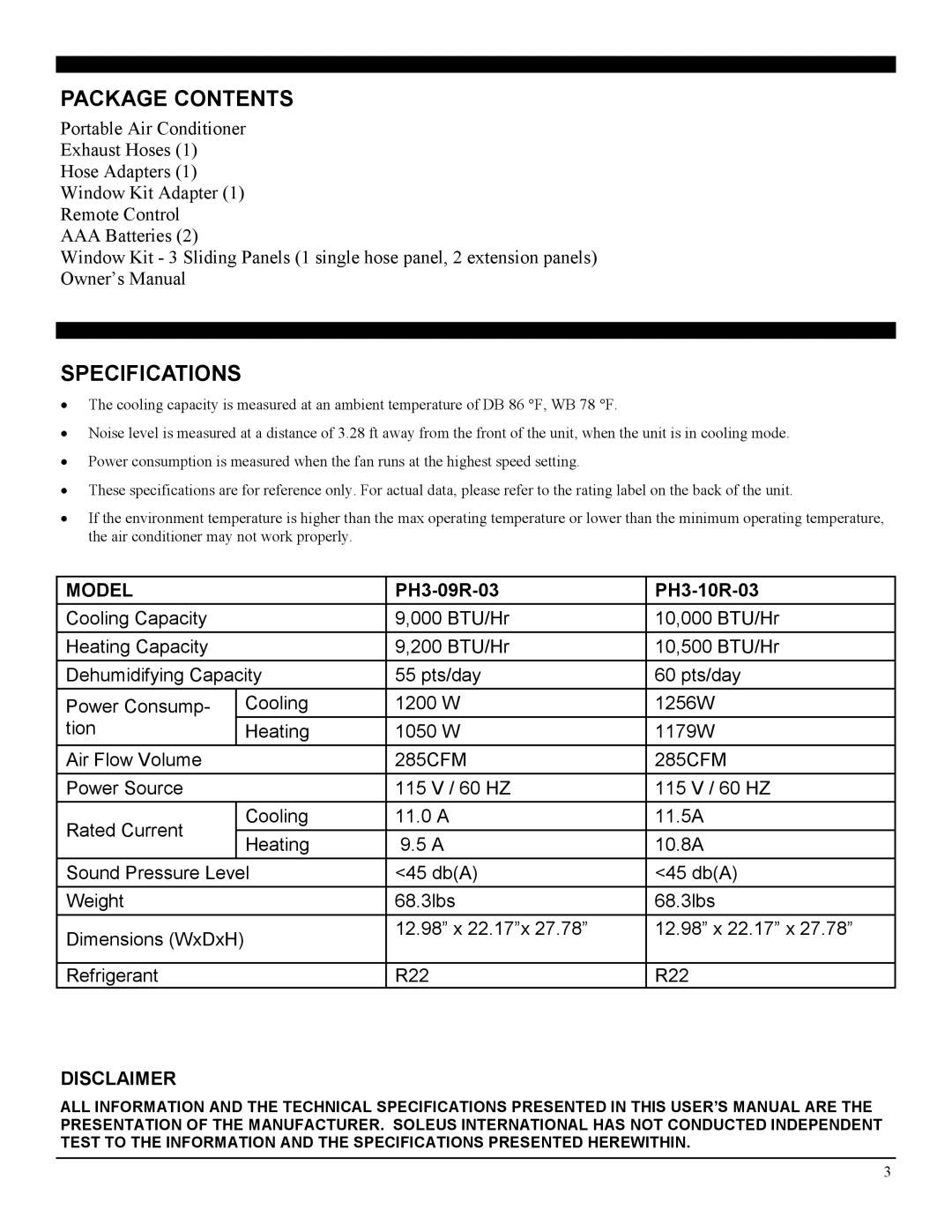 Soleus Air PH3-09R-03, PH3-10R-03 manual Package Contents, Specifications 