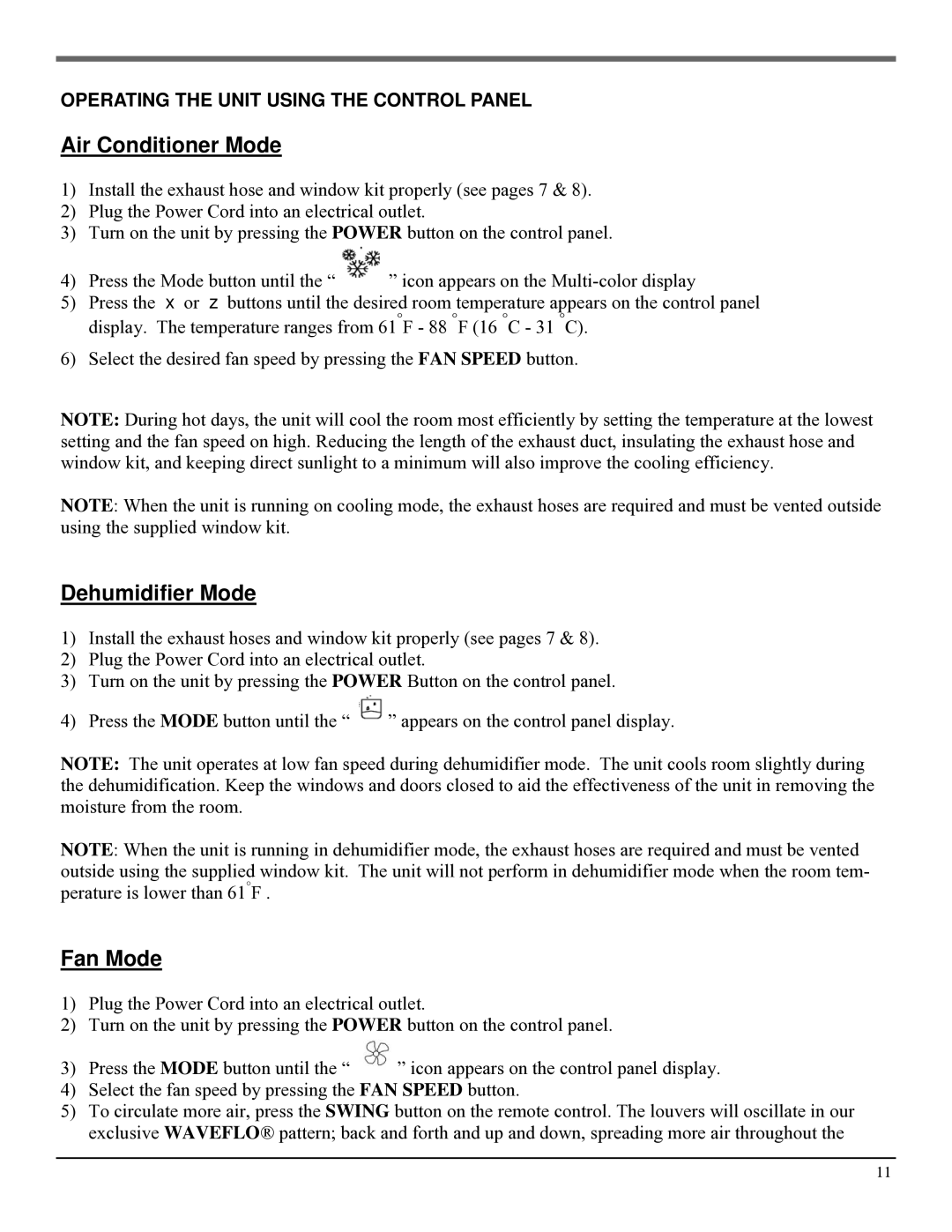 Soleus Air PH3-09R, PH3-10R operating instructions Air Conditioner Mode, Operating the Unit Using the Control Panel 