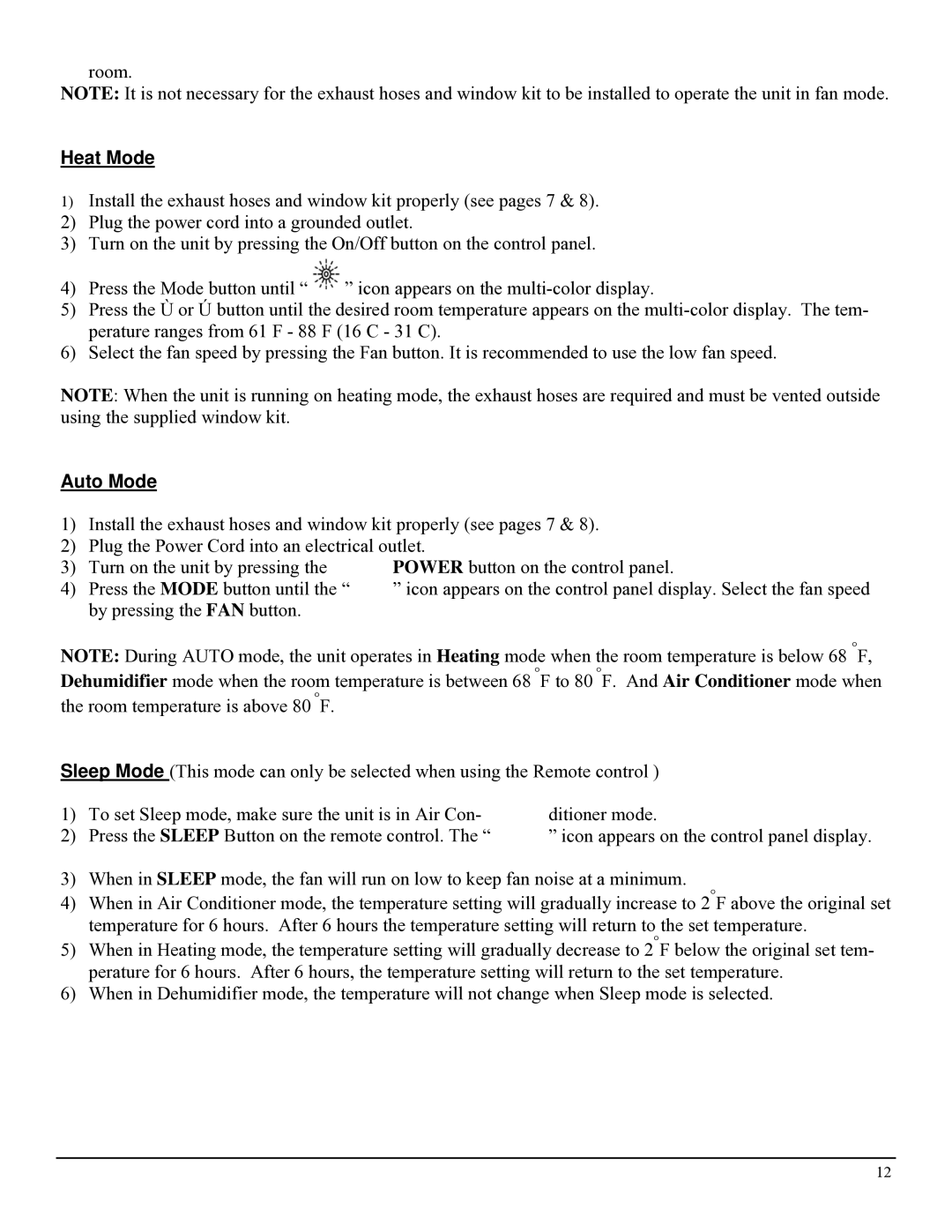 Soleus Air PH3-10R, PH3-09R operating instructions Heat Mode 