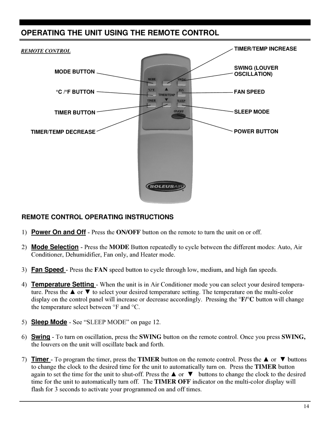 Soleus Air PH3-10R, PH3-09R Operating the Unit Using the Remote Control, Remote Control Operating Instructions 