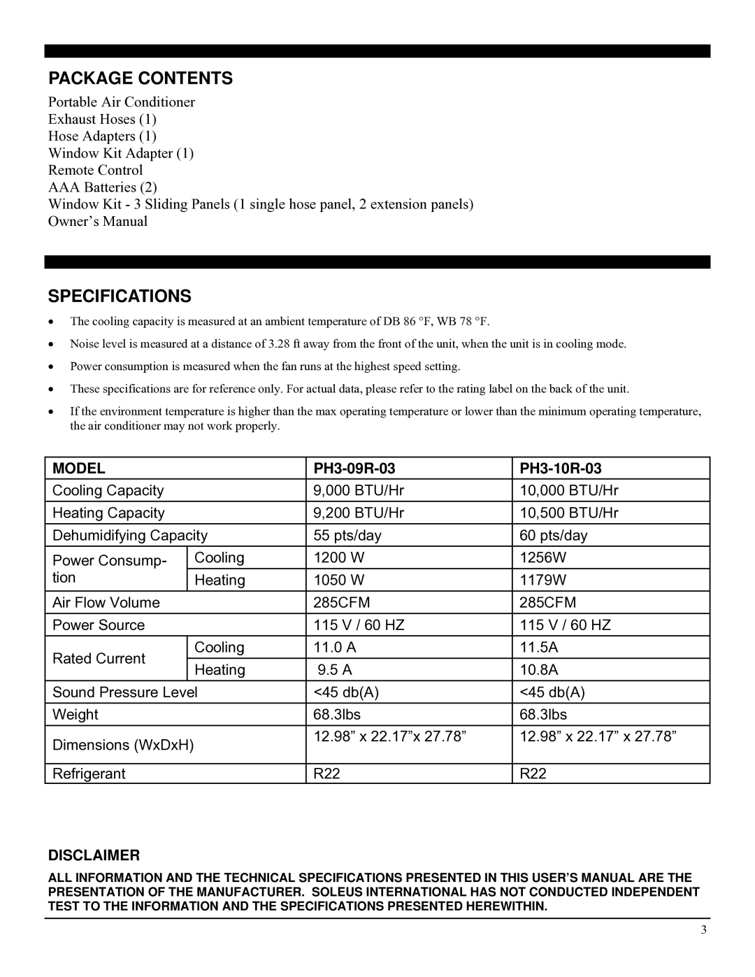 Soleus Air PH3-09R, PH3-10R operating instructions Package Contents, Specifications 