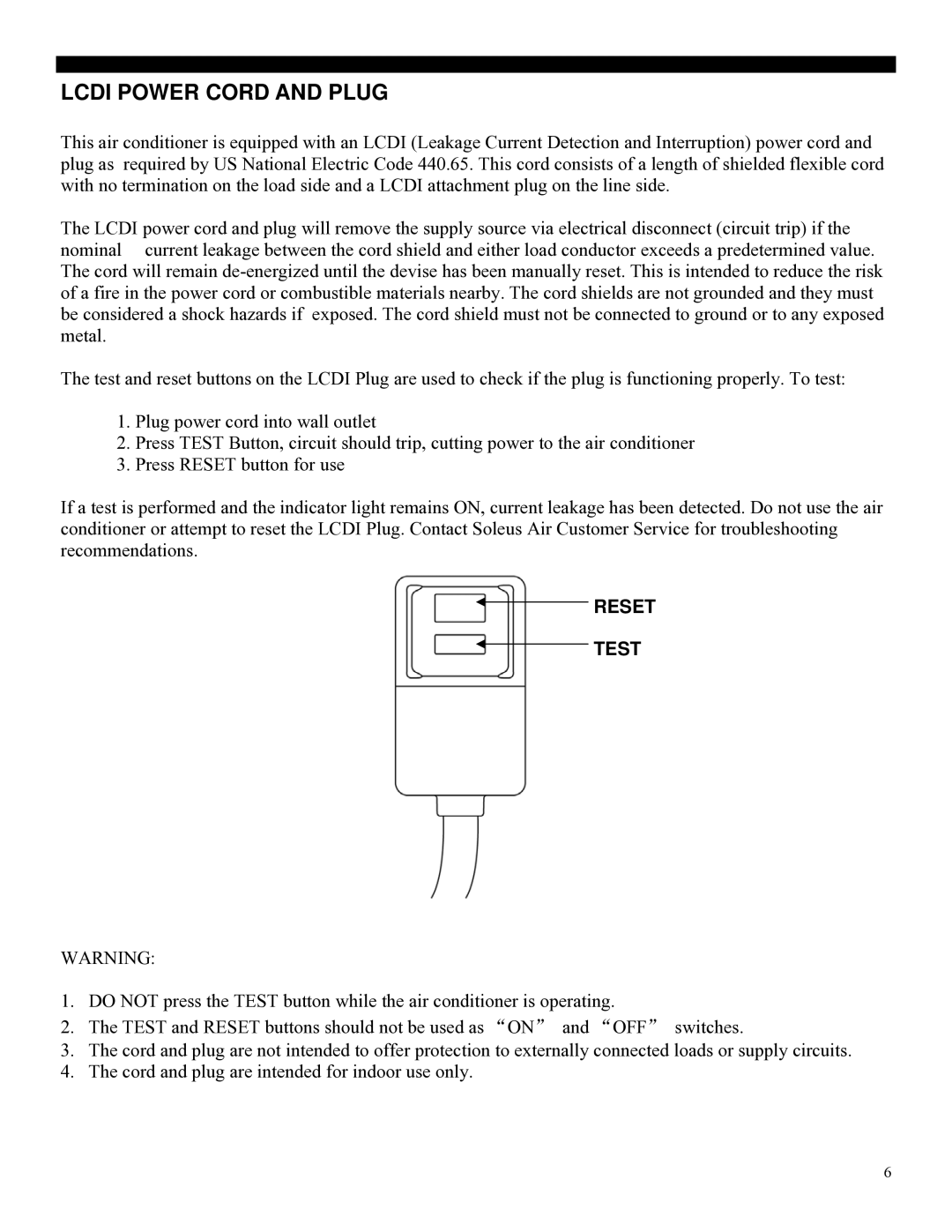 Soleus Air PH3-10R, PH3-09R operating instructions Lcdi Power Cord and Plug, Reset Test 