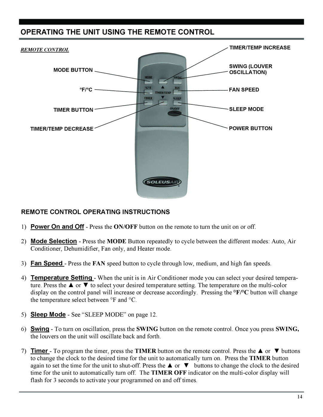 Soleus Air PH3-12R-03 manual Operating the Unit Using the Remote Control, Remote Control Operating Instructions 