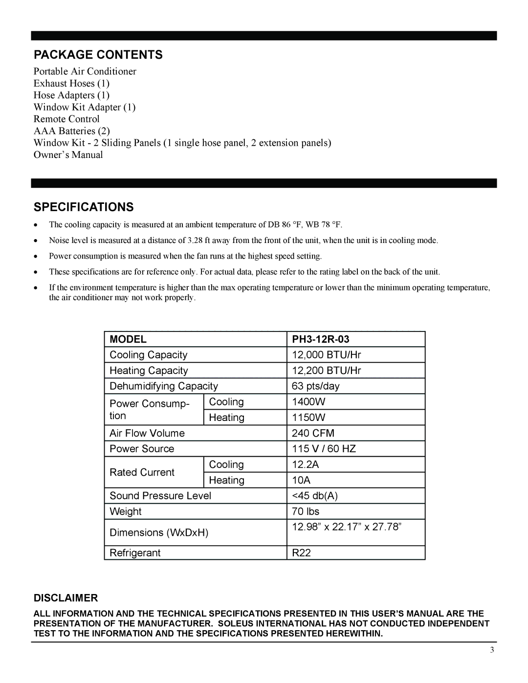 Soleus Air PH3-12R-03 manual Package Contents, Specifications 