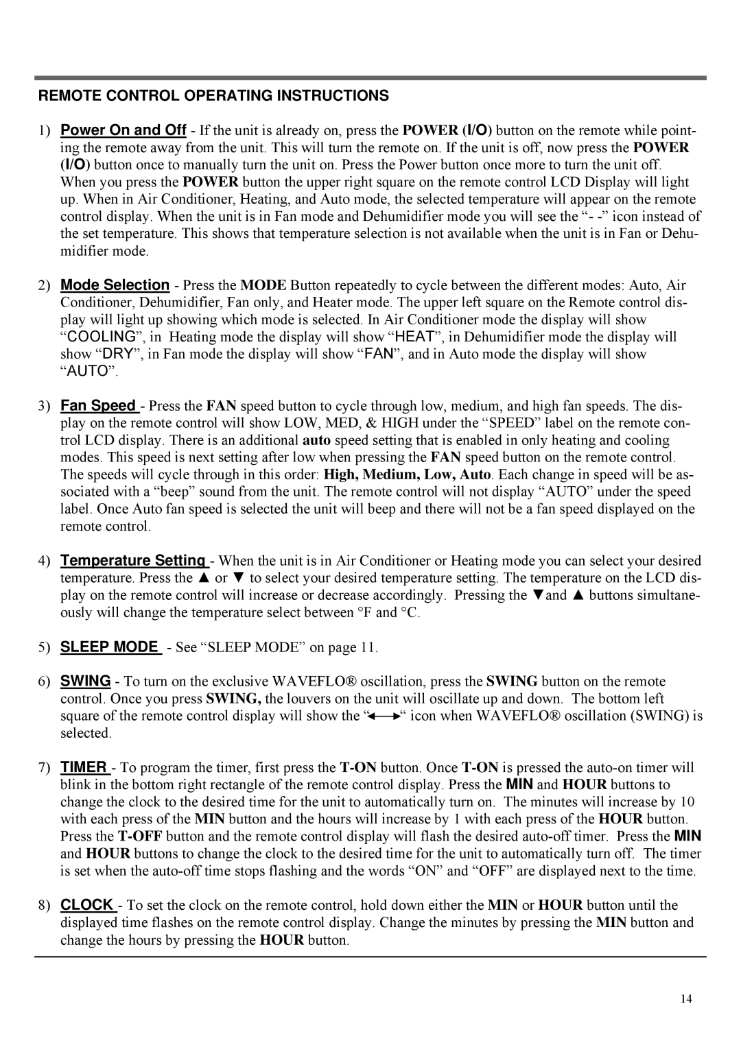 Soleus Air PH4-10R-01 manual Remote Control Operating Instructions 