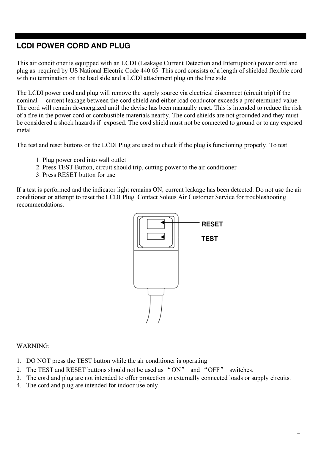 Soleus Air PH4-10R-01 manual Lcdi Power Cord and Plug, Reset Test 