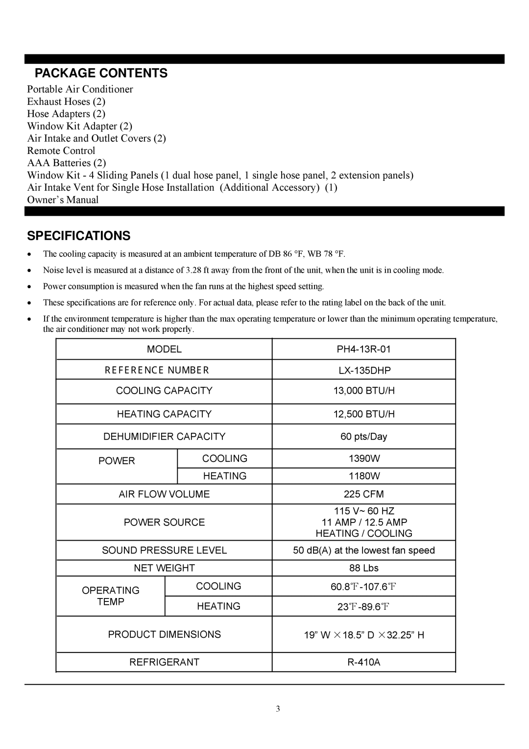 Soleus Air PH4-13R-01 manual Package Contents, Specifications 