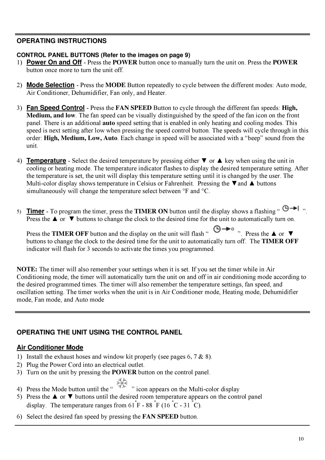 Soleus Air PH4-13R-01 Operating Instructions, Operating the Unit Using the Control Panel, Air Conditioner Mode 