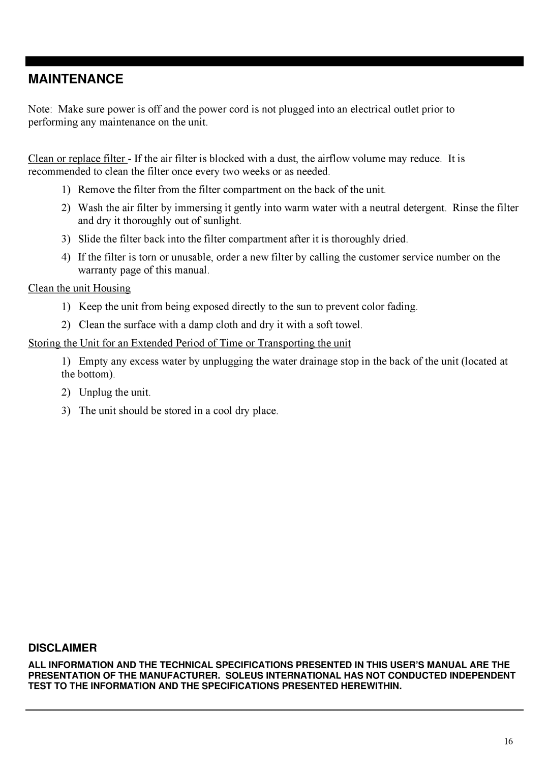 Soleus Air PH4-13R-01 operating instructions Maintenance, Disclaimer 