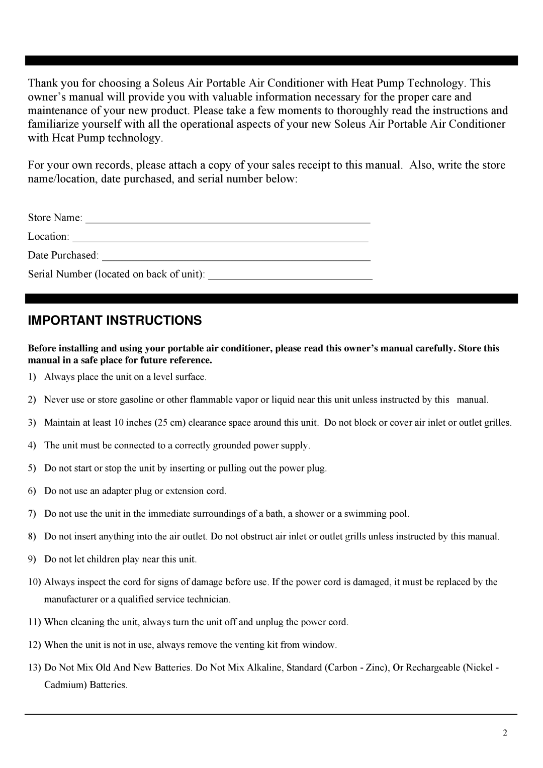 Soleus Air PH4-13R-01 operating instructions Important Instructions 