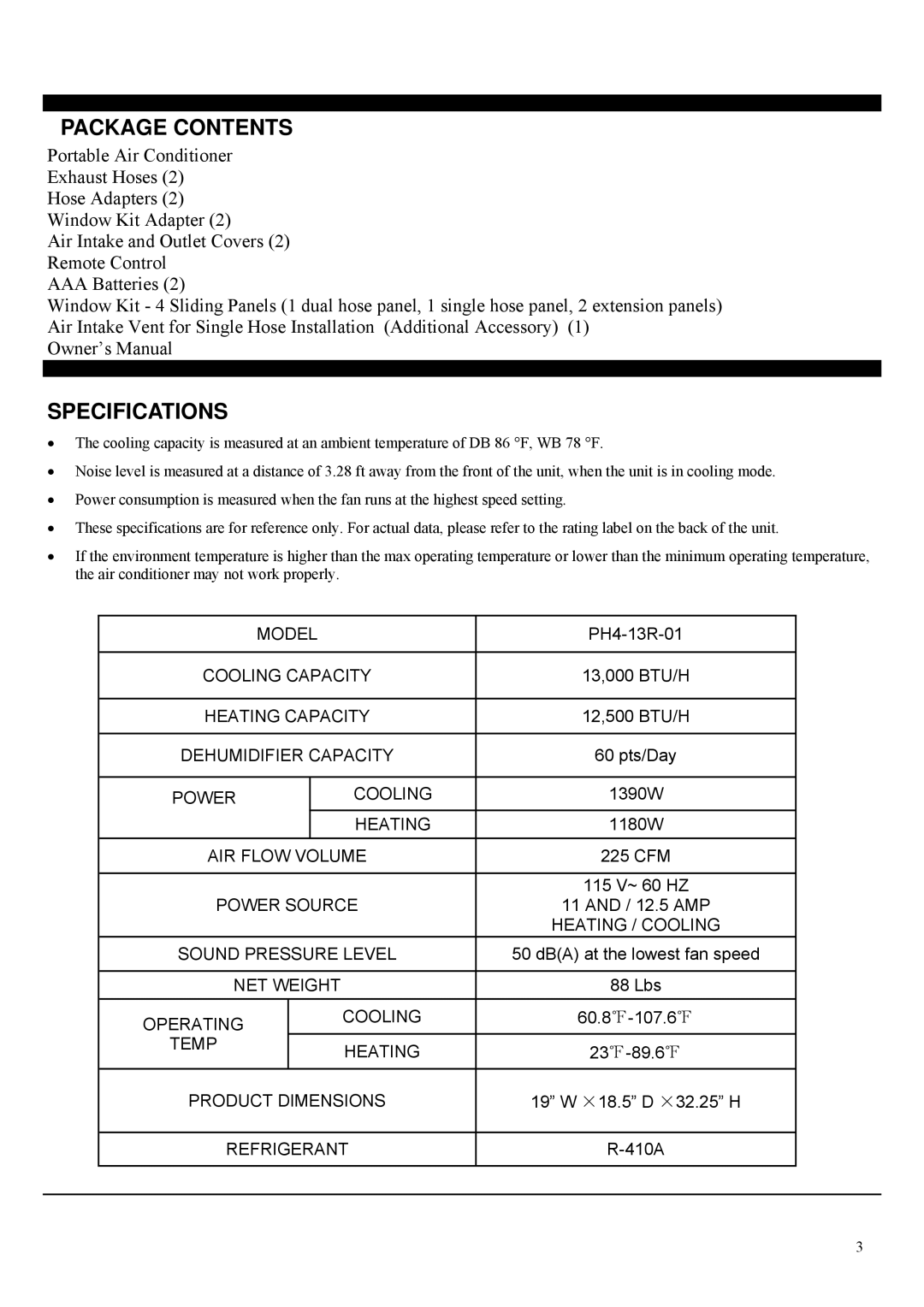 Soleus Air PH4-13R-01 operating instructions Package Contents, Specifications 