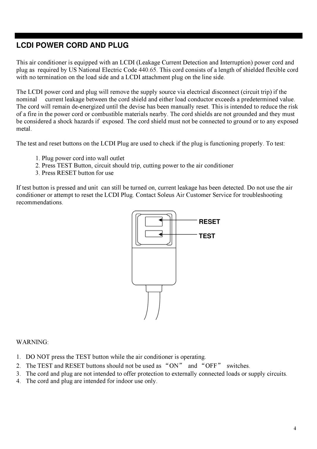 Soleus Air PH4-13R-01 operating instructions Lcdi Power Cord and Plug, Reset Test 