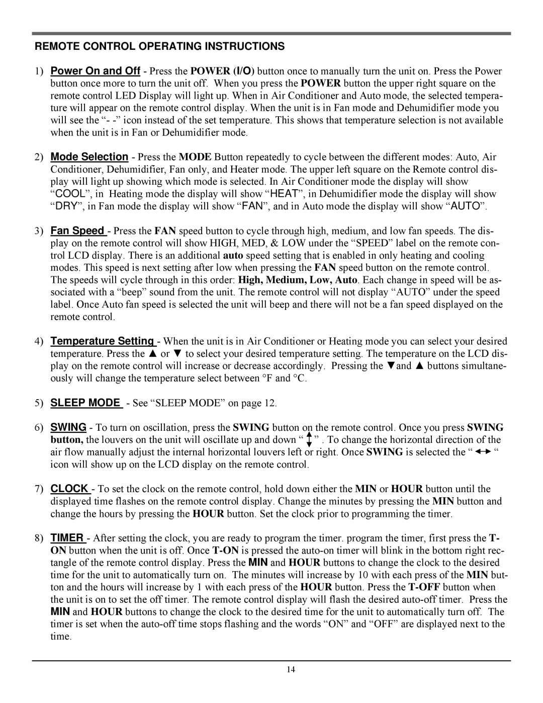 Soleus Air PH5-13R-32D manual Remote Control Operating Instructions 