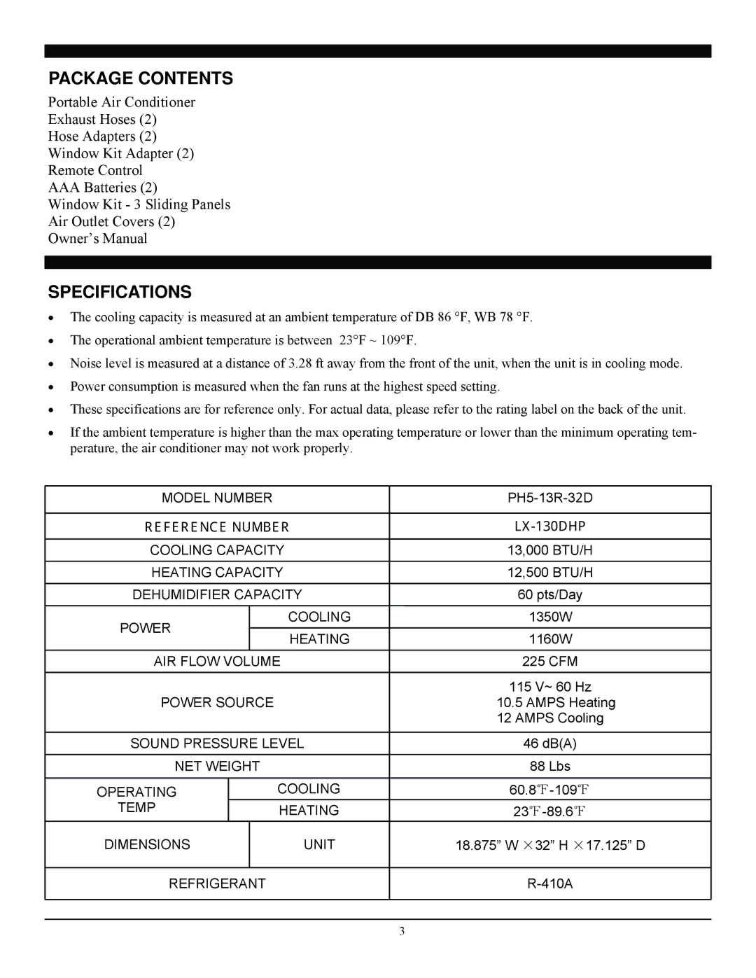 Soleus Air PH5-13R-32D manual Package Contents, Specifications 