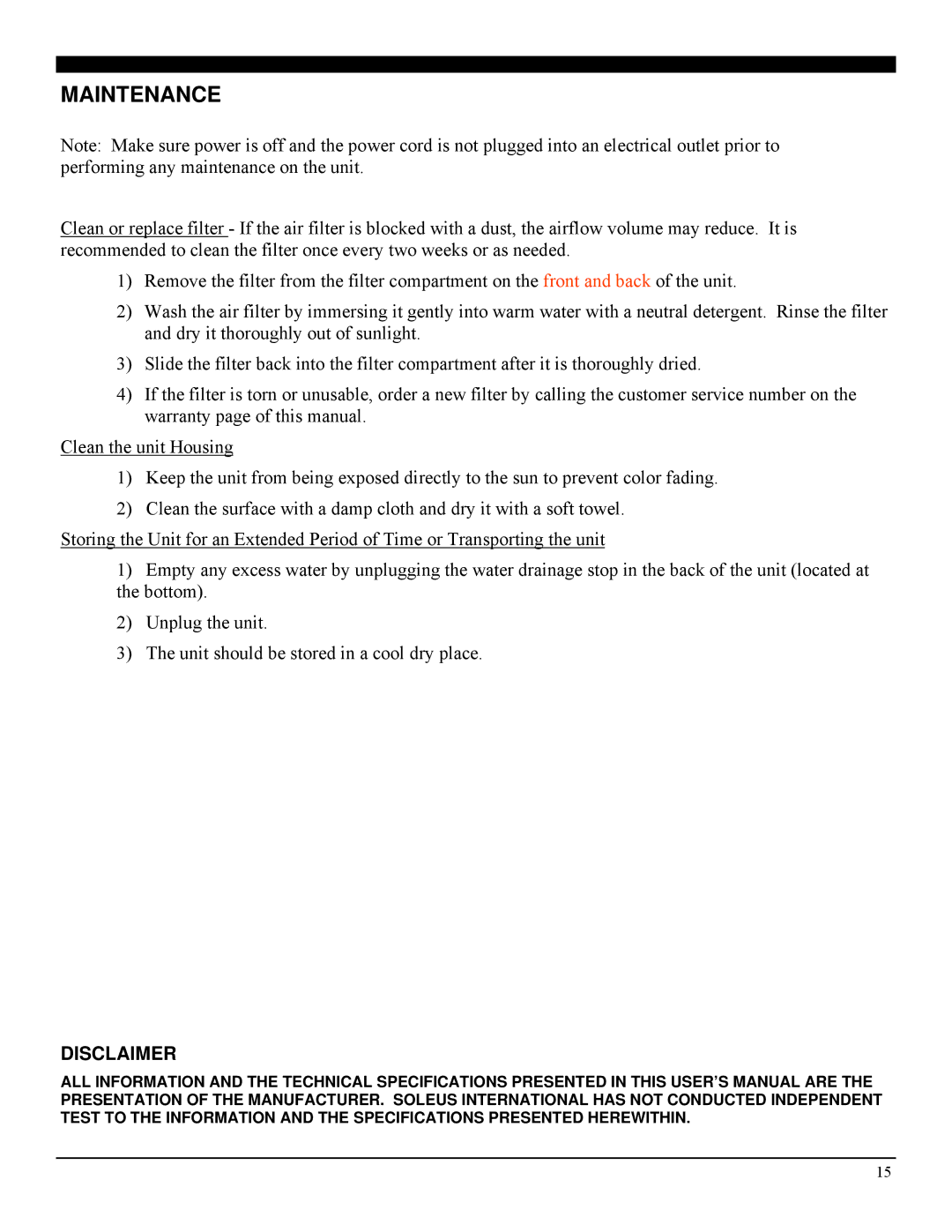 Soleus Air PH5 manual Maintenance, Disclaimer 