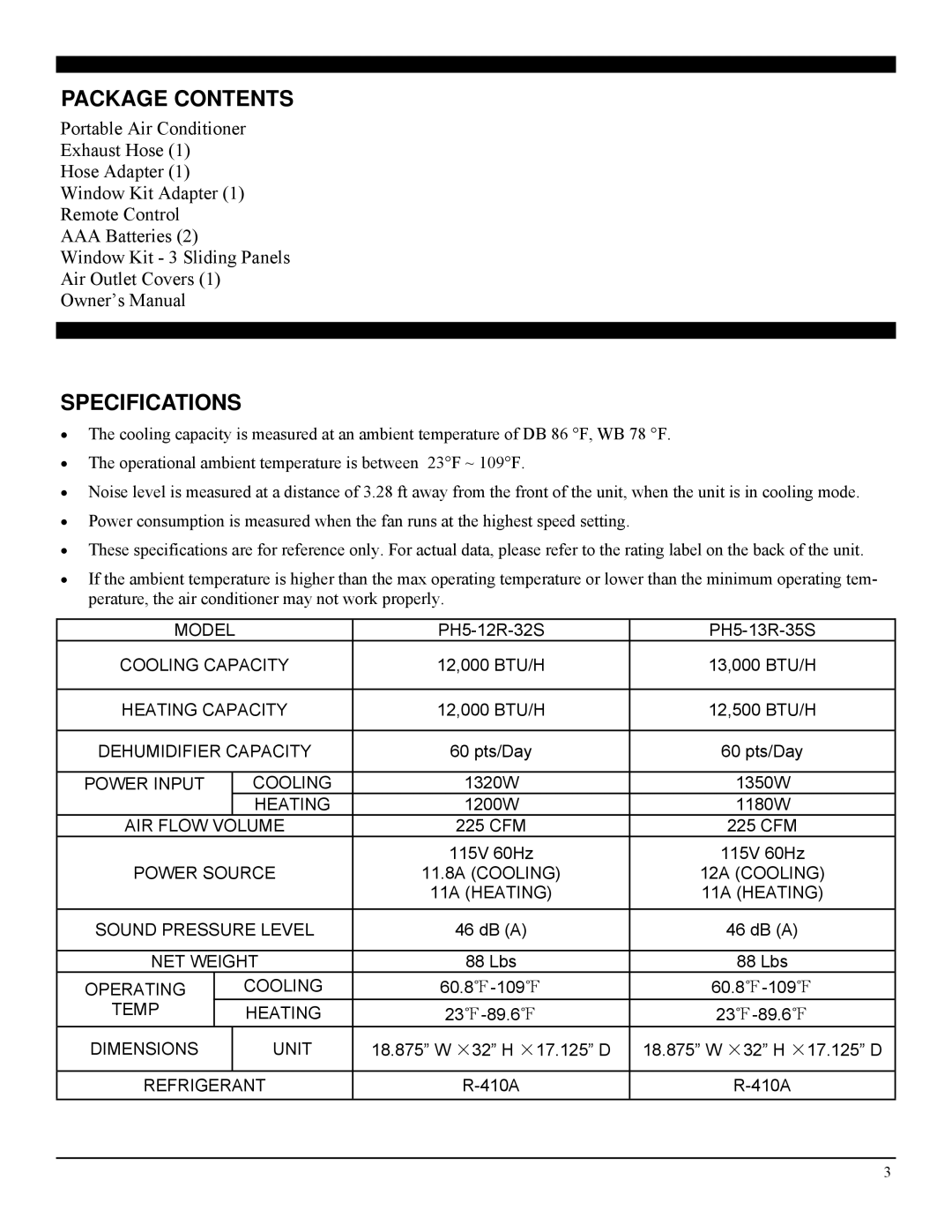 Soleus Air PH5 manual Package Contents, Specifications 