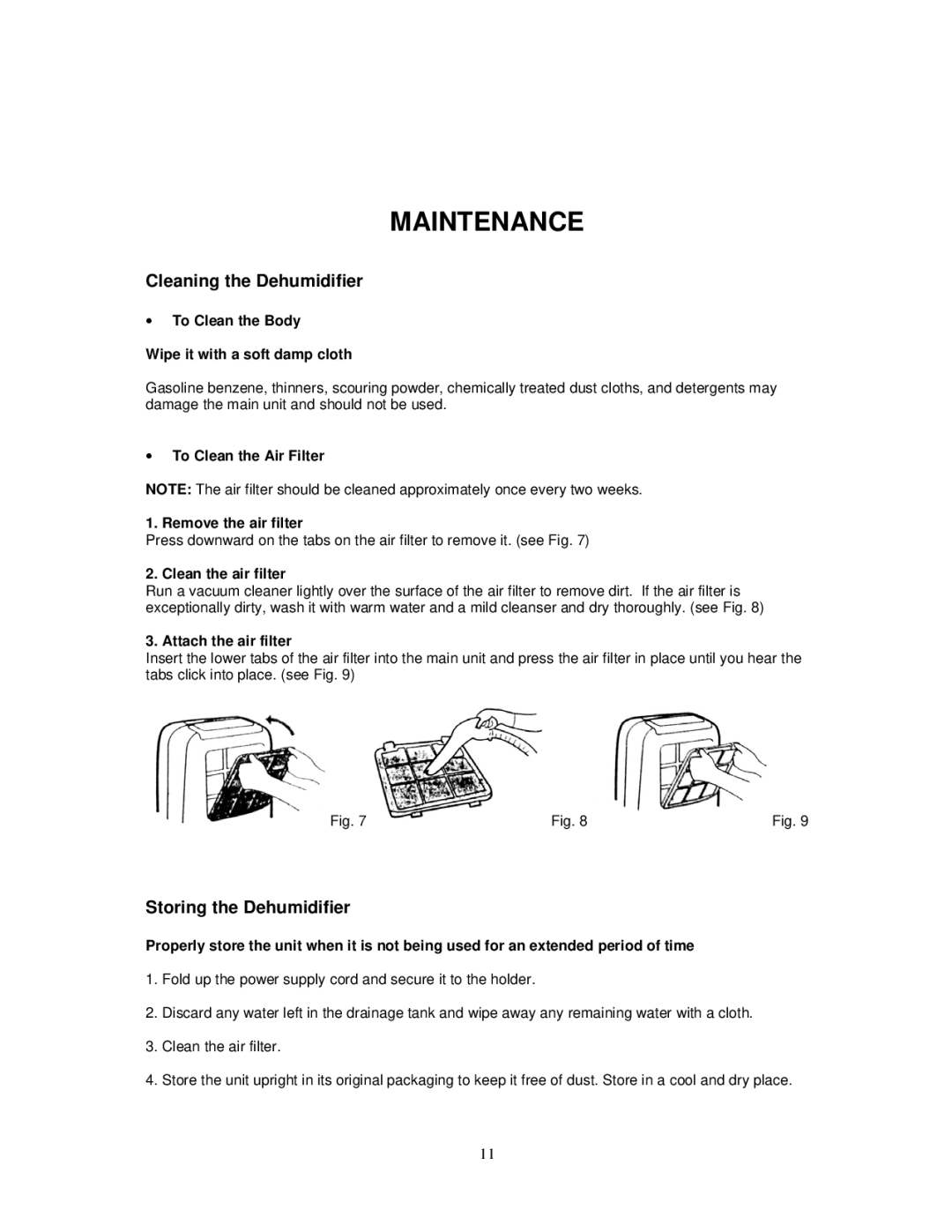 Soleus Air PORTABLE DEHUMIDIFIER user manual Maintenance, Cleaning the Dehumidifier, Storing the Dehumidifier 