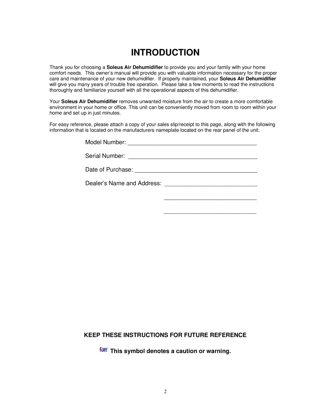 Soleus Air PORTABLE DEHUMIDIFIER user manual Introduction, This symbol denotes a caution or warning 