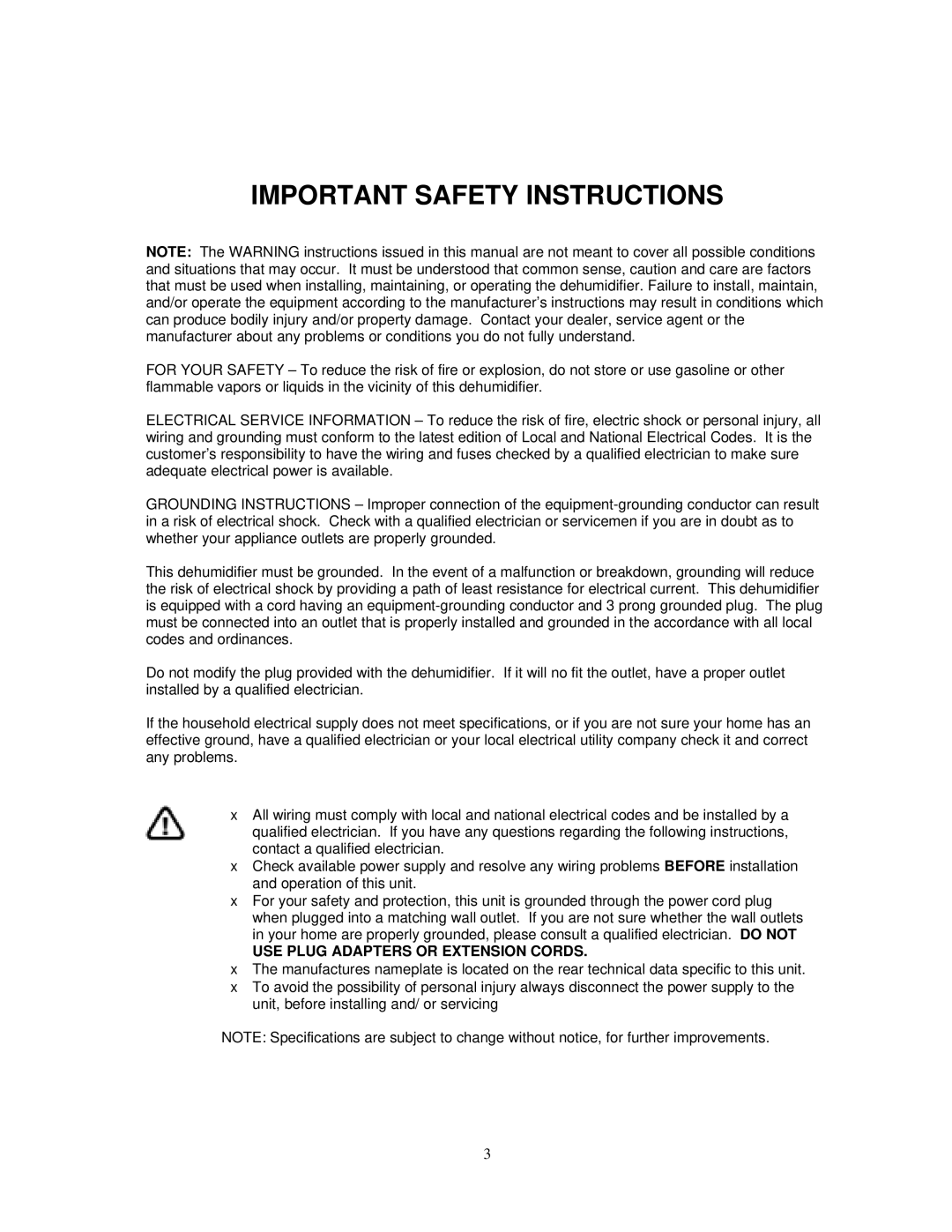 Soleus Air PORTABLE DEHUMIDIFIER user manual Important Safety Instructions, USE Plug Adapters or Extension Cords 