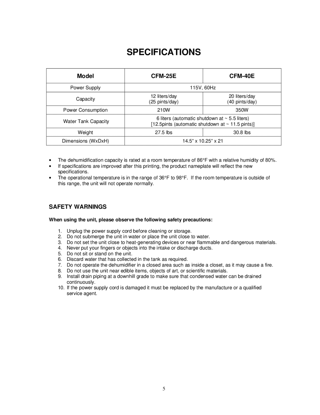 Soleus Air PORTABLE DEHUMIDIFIER user manual Specifications, Model 