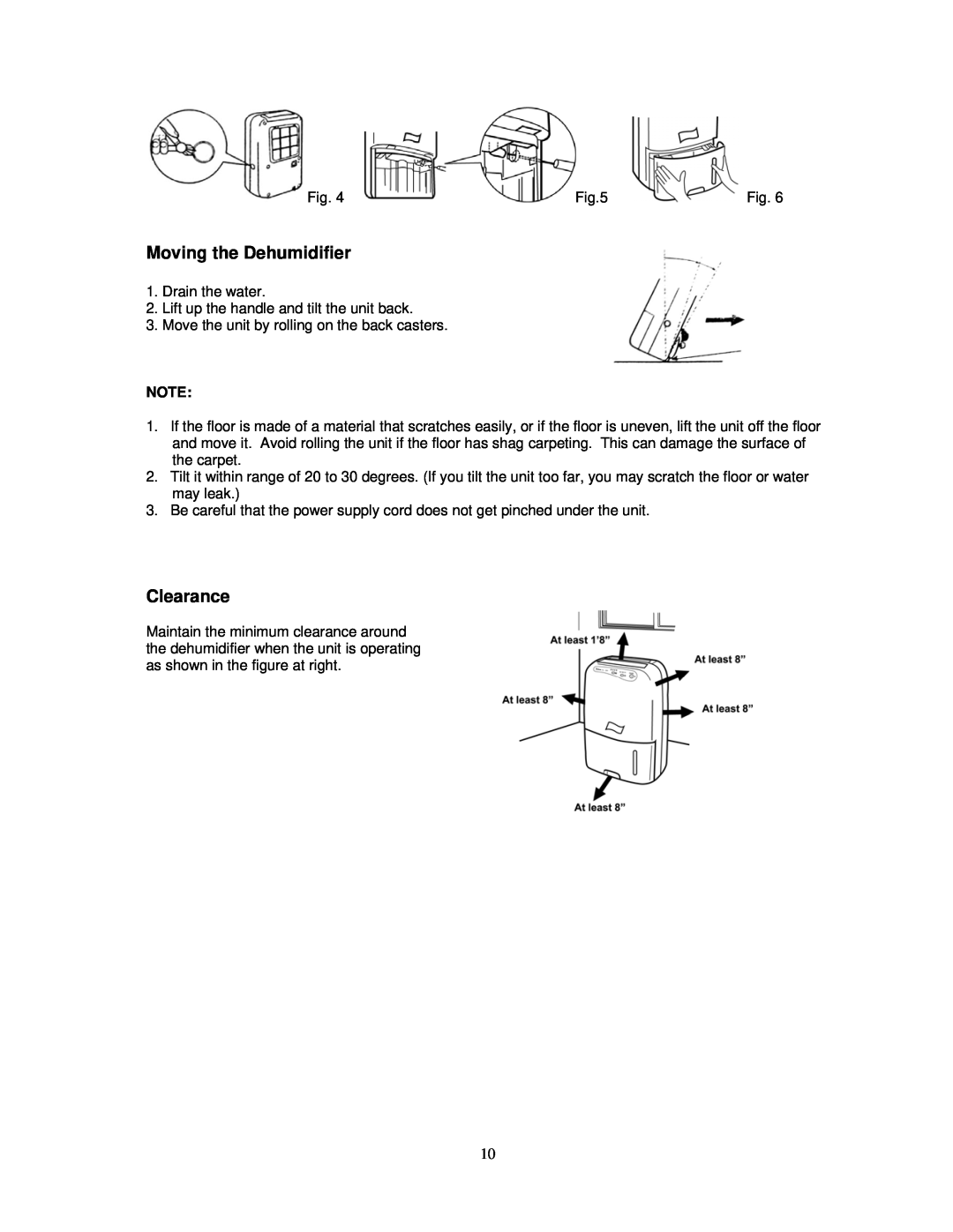 Soleus Air PORTABLE DEHUMIDIFIER user manual Moving the Dehumidifier, Clearance 