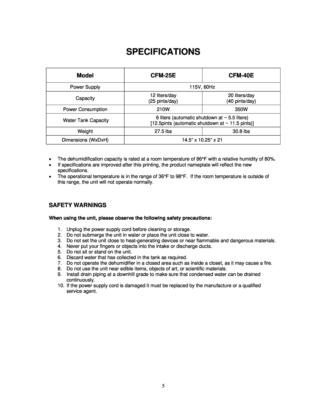 Soleus Air PORTABLE DEHUMIDIFIER user manual Specifications, Model, CFM-25E, CFM-40E, Safety Warnings 