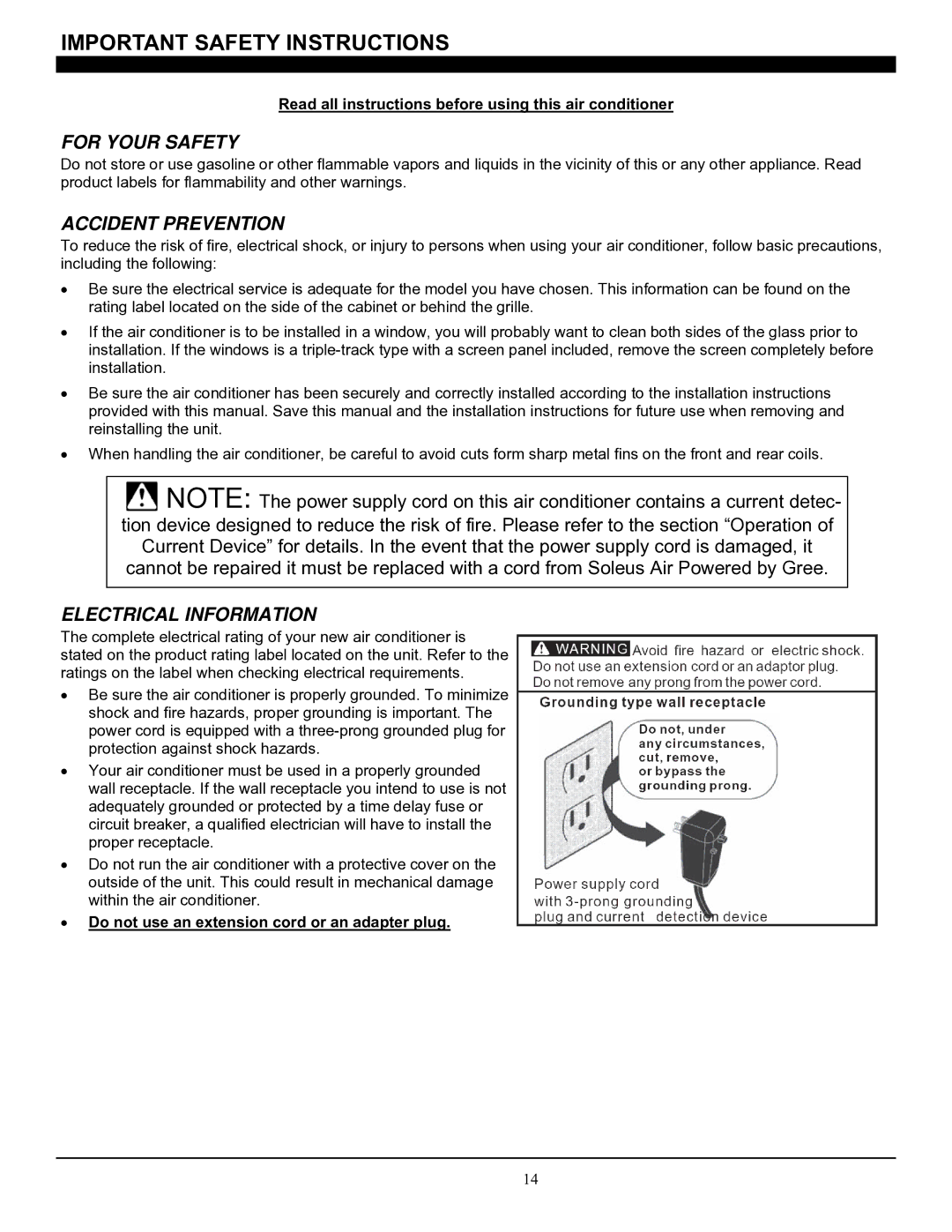 Soleus Air SG-CAC-08ESE manual For Your Safety, Accident Prevention, Electrical Information 