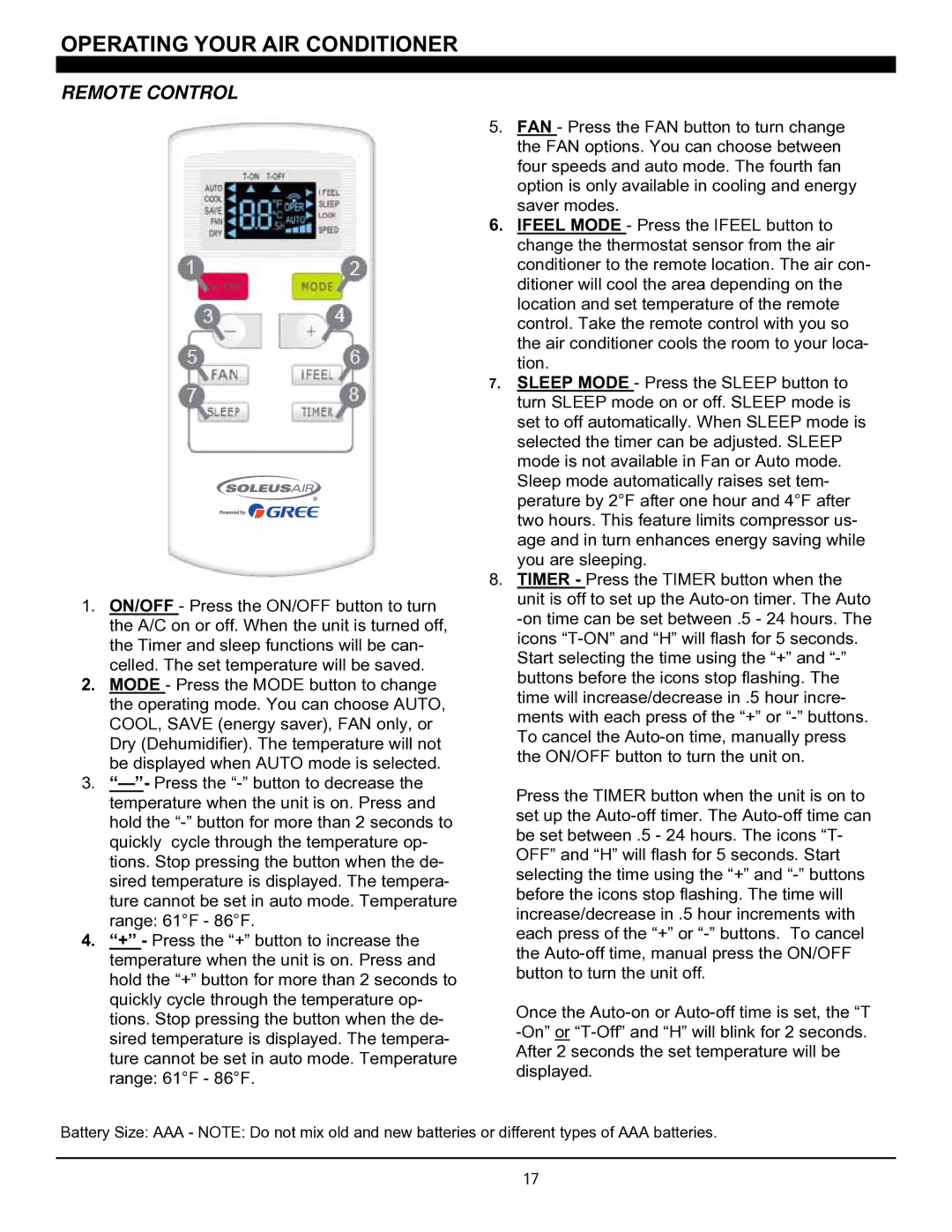 Soleus Air SG-CAC-08ESE manual Remote Control 