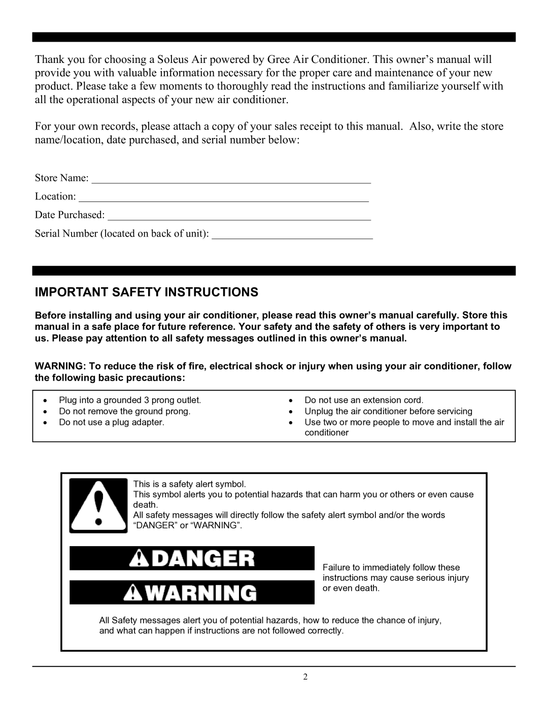 Soleus Air SG-CAC-08ESE manual Important Safety Instructions 