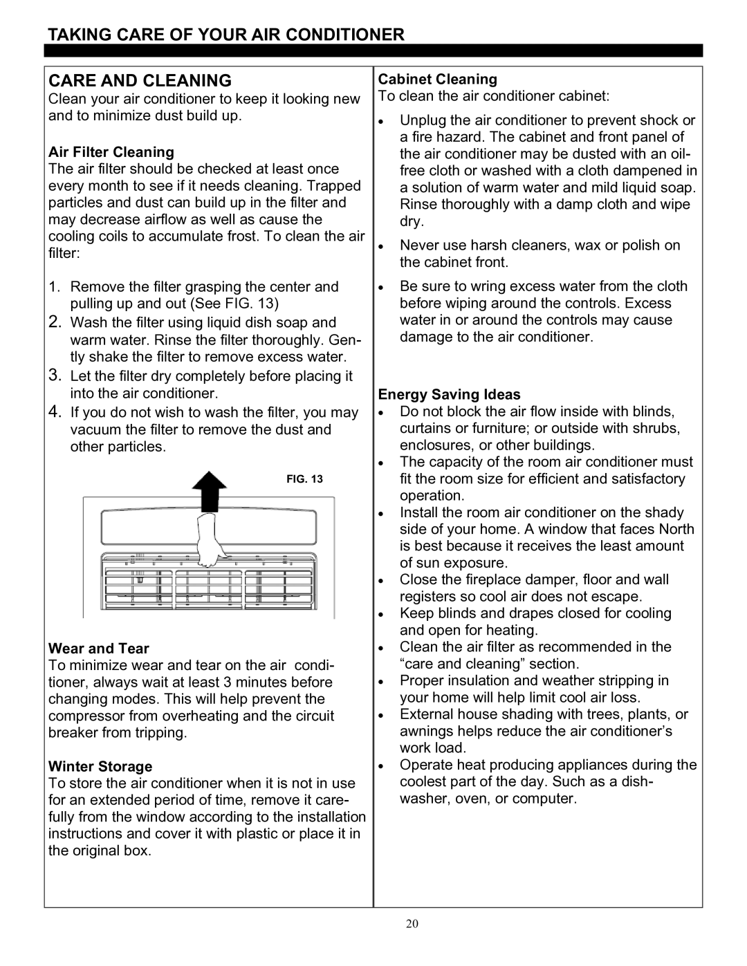 Soleus Air SG-CAC-08ESE manual Taking Care of Your AIR Conditioner Care and Cleaning, Air Filter Cleaning 