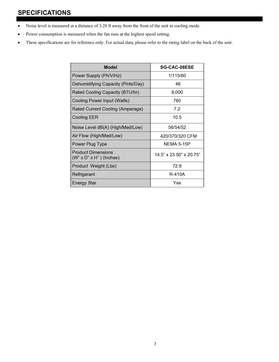 Soleus Air SG-CAC-08ESE manual Specifications 